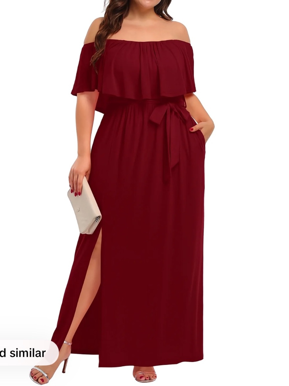 Off-Shoulder Red Maxi Dress with Waist Tie